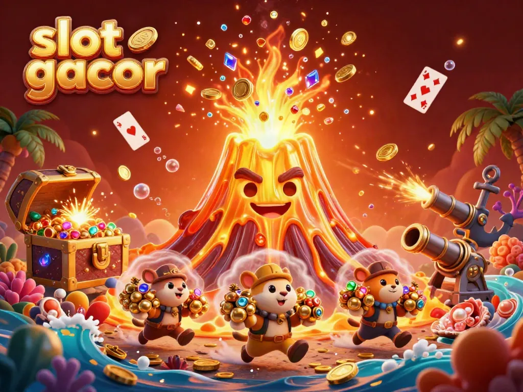Engage with slot gacor in this vibrant illustration of a golden volcano erupting coins and gems, surrounded by treasure and lively characters.