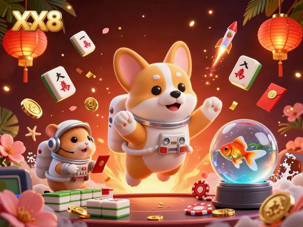 Experience the thrilling XX8 casino atmosphere with a floating astronaut corgi and vibrant gaming elements.