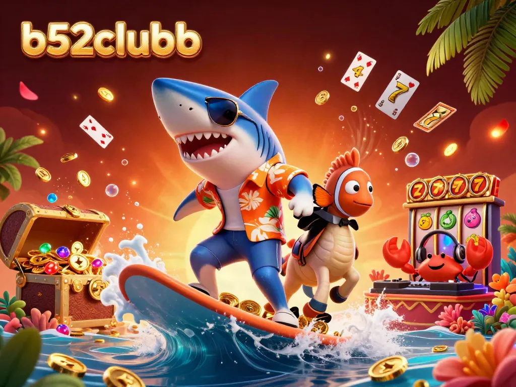 Experience thrilling gameplay with b52clubb as a hammer-head shark surfs on gold coins amidst action-packed casino elements.