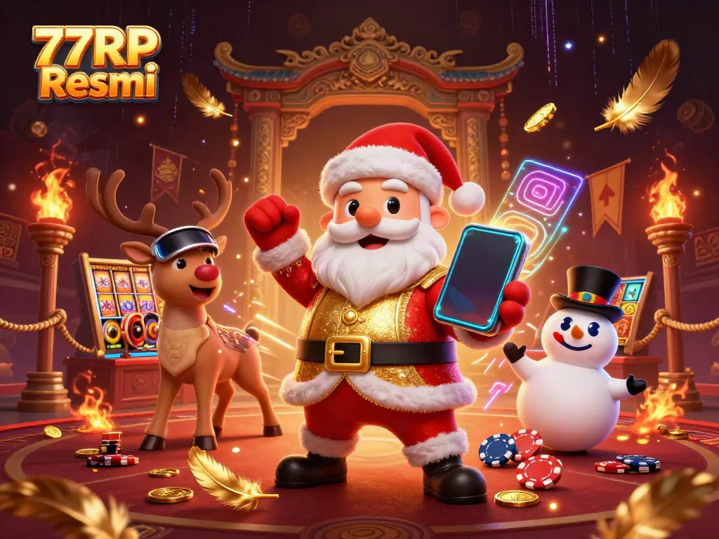 Spin the slots with 77RP Resmi featuring Santa and friends in a vibrant casino setting.