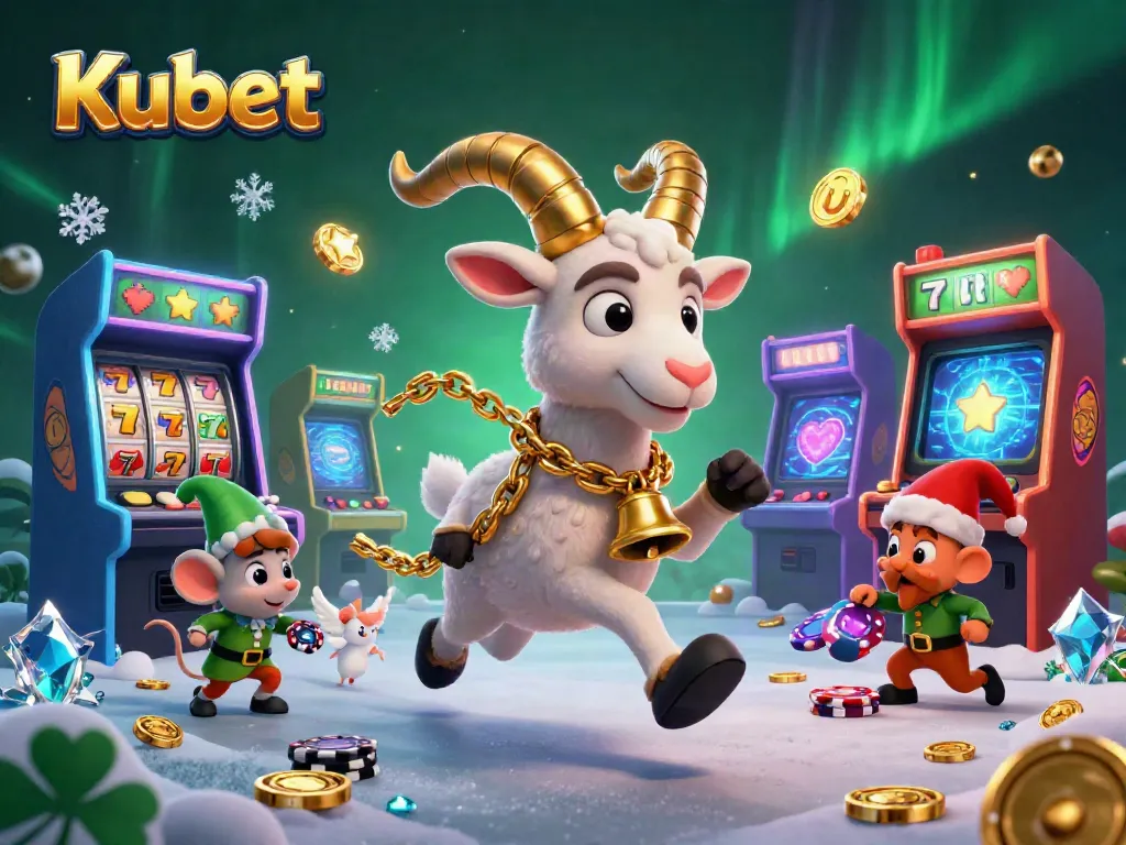 Kubet captivates players in a festive casino with Krampus and angel mouse amidst gaming excitement.