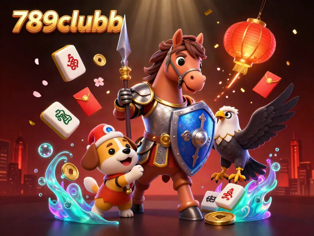 Experience the vibrant world of 789clubb with a dynamic illustration of a knight, puppy, and falcon amidst floating game elements.