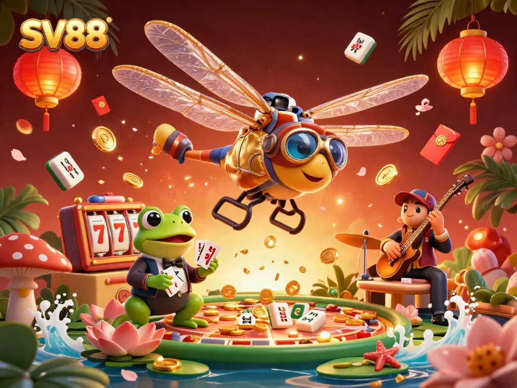 Experience SV88's vibrant casino atmosphere with a dynamic dragonfly pilot and froggy dealer amid jazz musicians.