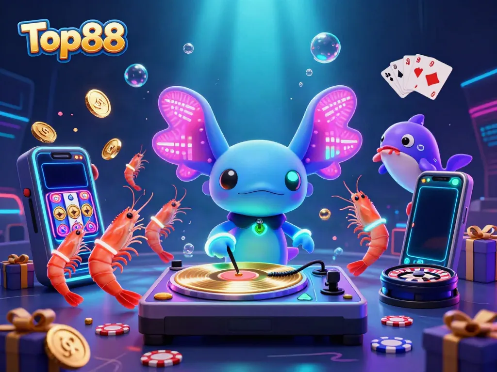 Experience gaming excitement with Top88's vibrant 3D illustration featuring the axolotl DJ at an underwater casino.
