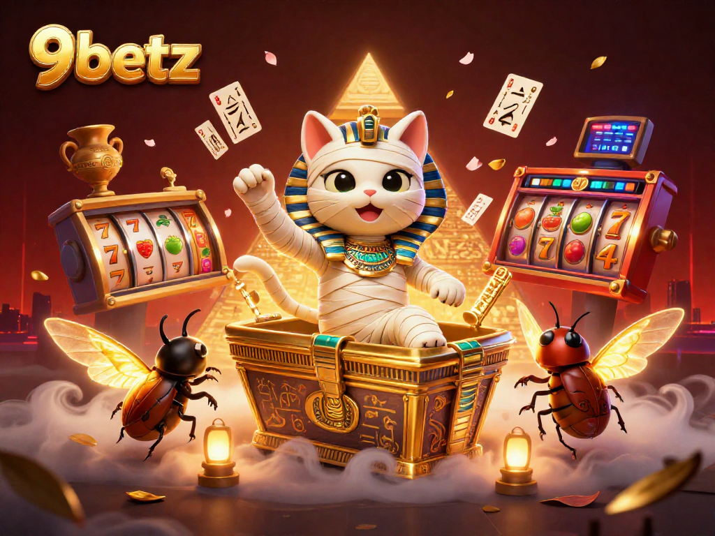 Engage with 9betz at the vibrant pyramid casino featuring a mummy cat, scarab, and floating cards.