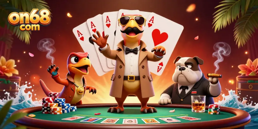 Raptors in a trench coat enter a casino lounge representing on68 com with poker chips and cards.