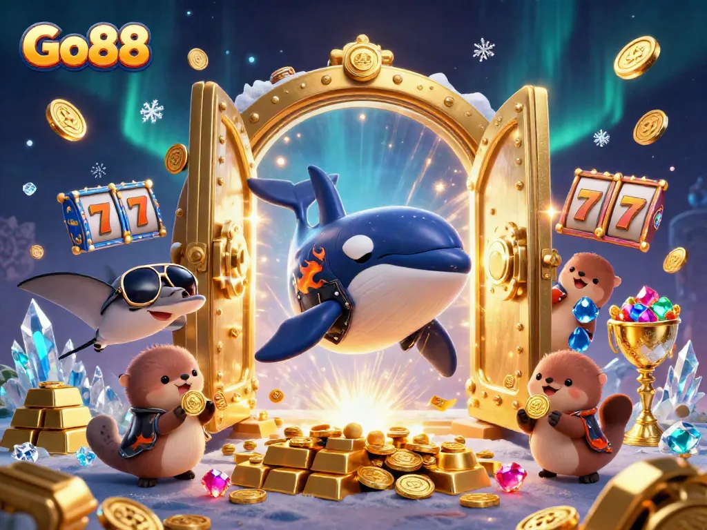 Experience the thrill of Go88 as an orca jumps with coins and treasures around an exciting casino scene.