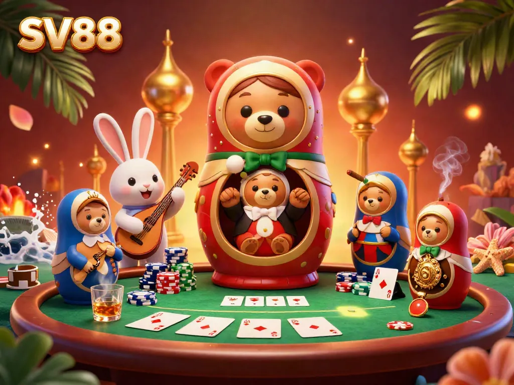 Experience exciting poker action with SV88's cartoon Matryoshka bears in a vibrant casino scene.