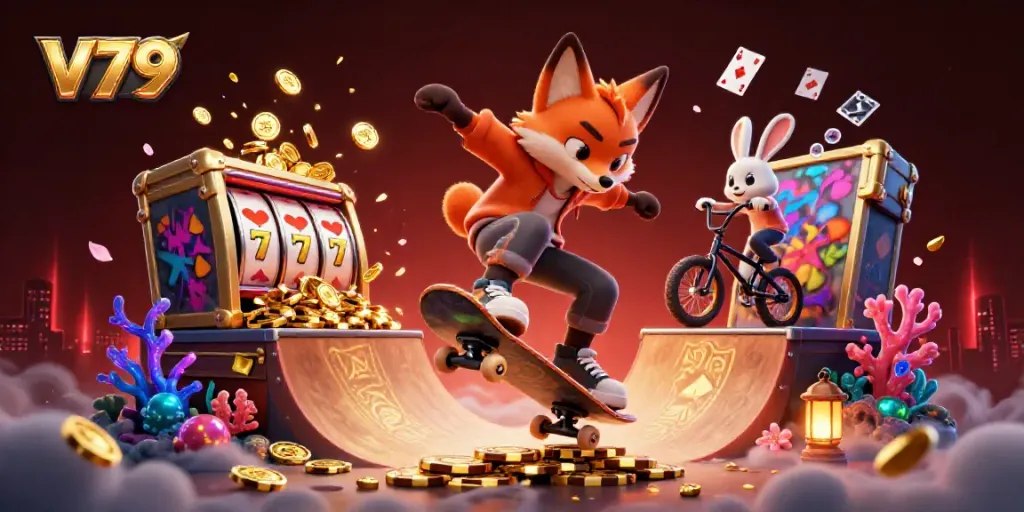 The V79 online casino illustration showcases vibrant characters and casino elements in a thrilling scene.