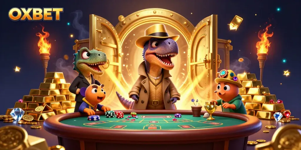Bet on fun with OXBET illustrated in a 3D scene featuring a velociraptor card counter, a stegosaurus pit boss, and treasure.