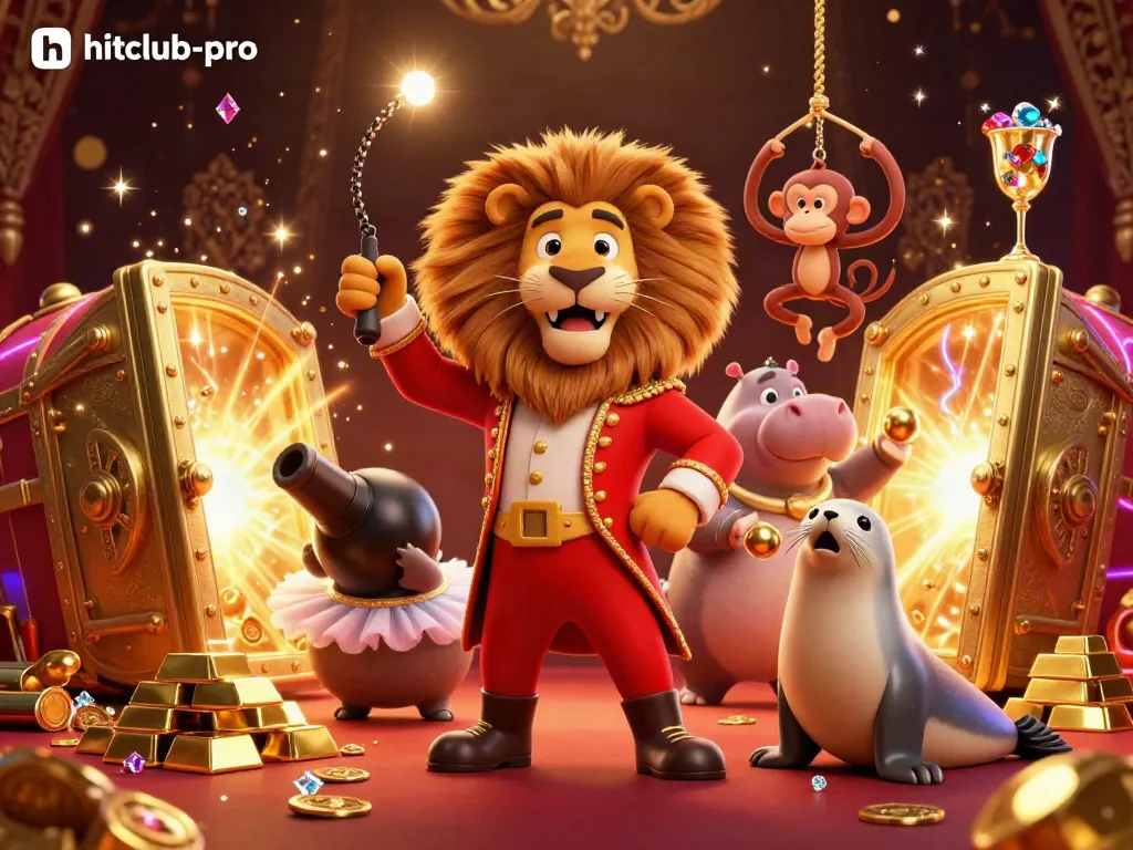 Experience the vibrant energy of hitclub-pro with a lively circus-themed gambling scene featuring animated characters and treasures.