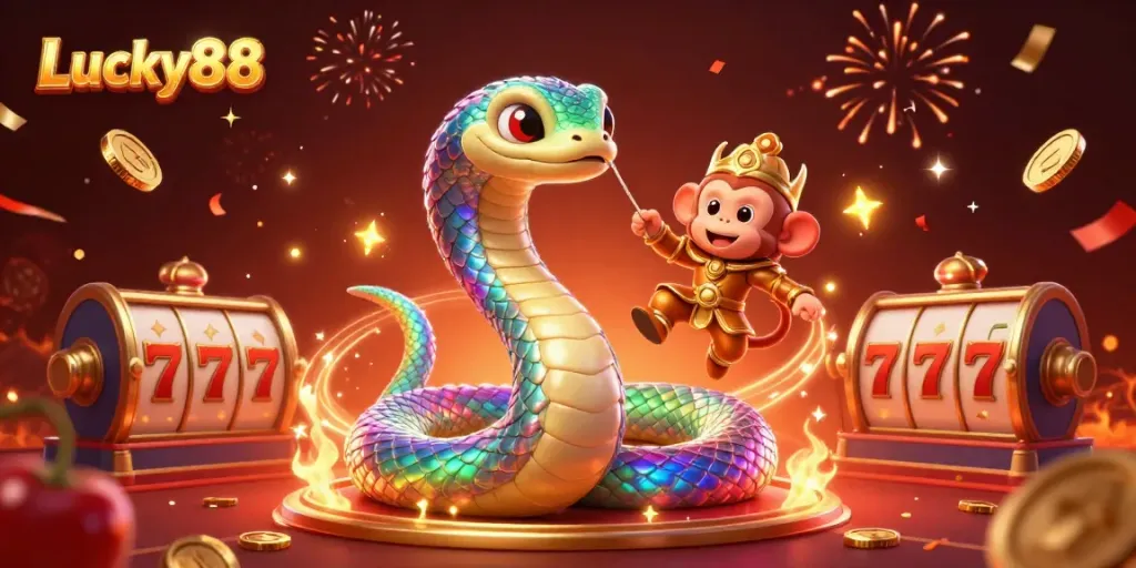 Experience the thrill of gambling at Lucky88 with vibrant casino elements and festive characters.