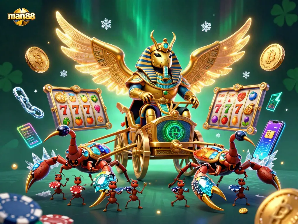 Play vibrant slots at man88 with golden scarab beetles and glowing coins throughout the dynamic scene.