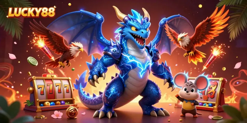 Spin to win with LUCKY88, featuring vibrant dragons and slot elements in a dynamic casino scene.