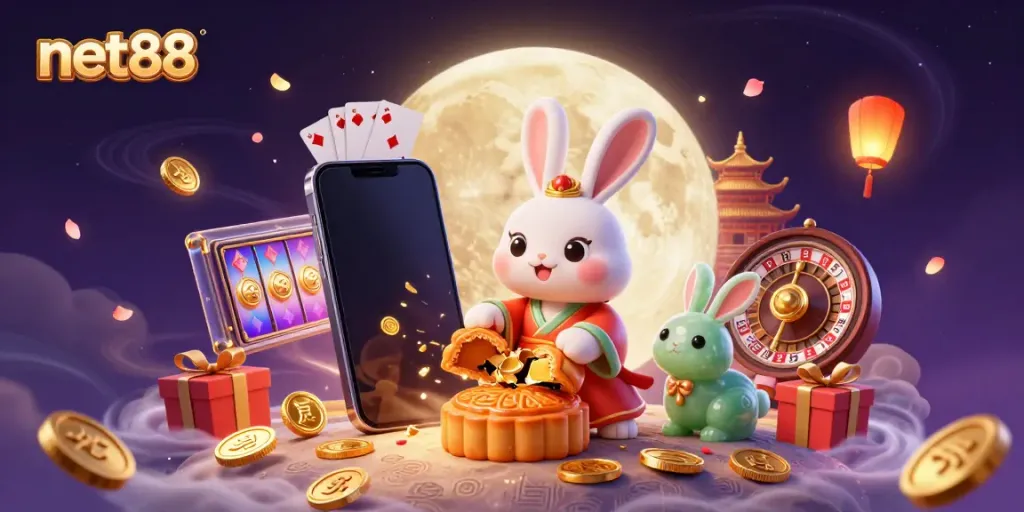 Engage with net88 in a vibrant illustration of fortune, showing a moon rabbit and casino elements.