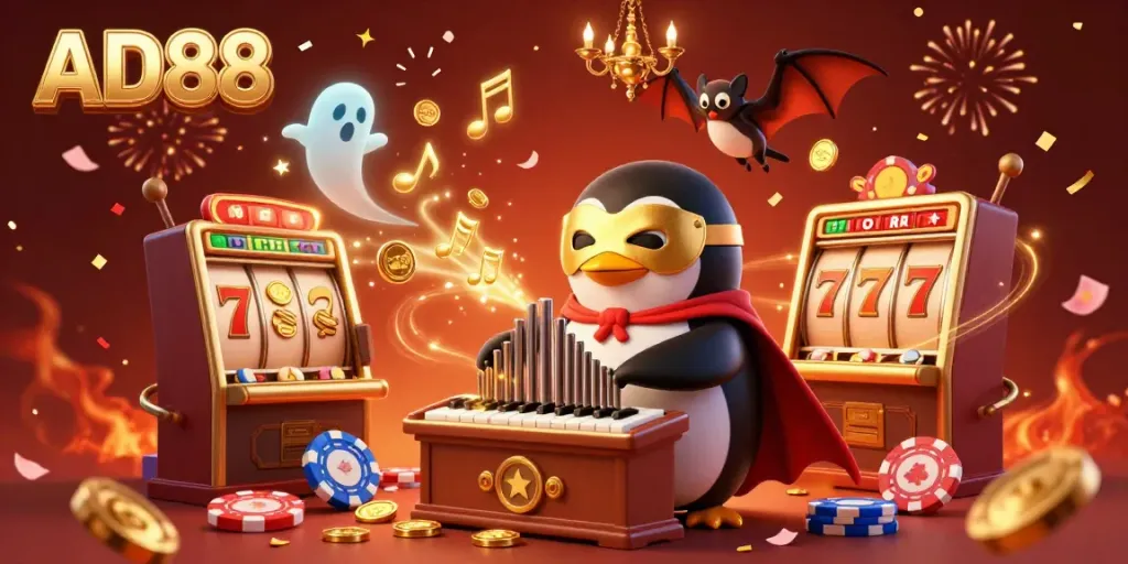 Experience the excitement of AD88 with a vibrant 3D casino scene filled with playful characters and slot elements.