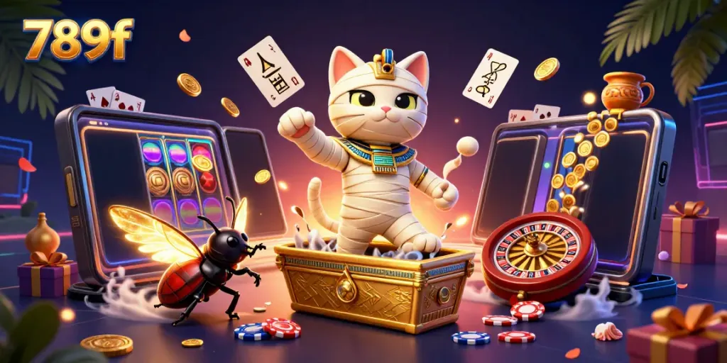 Experience thrilling adventures with 789f featuring an Egyptian mummy cat in a vibrant casino scene.