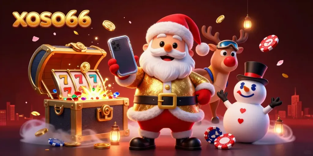 Engage in gaming excitement at xoso66 with Santa, a reindeer dealer, and a poker chip snowman!