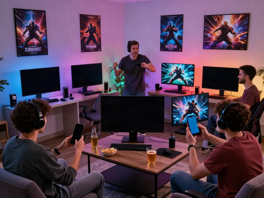 Kilat404 gaming scene with players engaged in online action, showcasing excitement and technology.