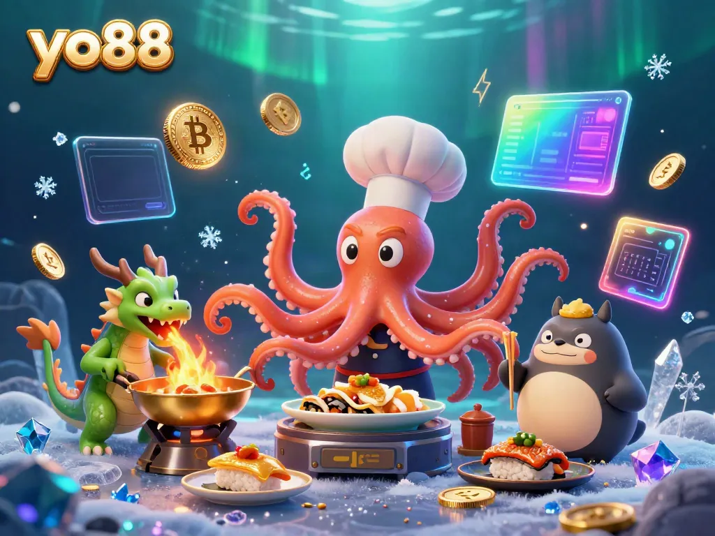 Join the fun at yo88 with a dynamic casino scene featuring an octopus chef, dragon, and tanuki!
