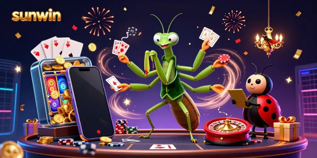 Engage in thrilling gameplay at Sunwin, highlighting a lively casino scene with lucky charms and vibrant slot machines.