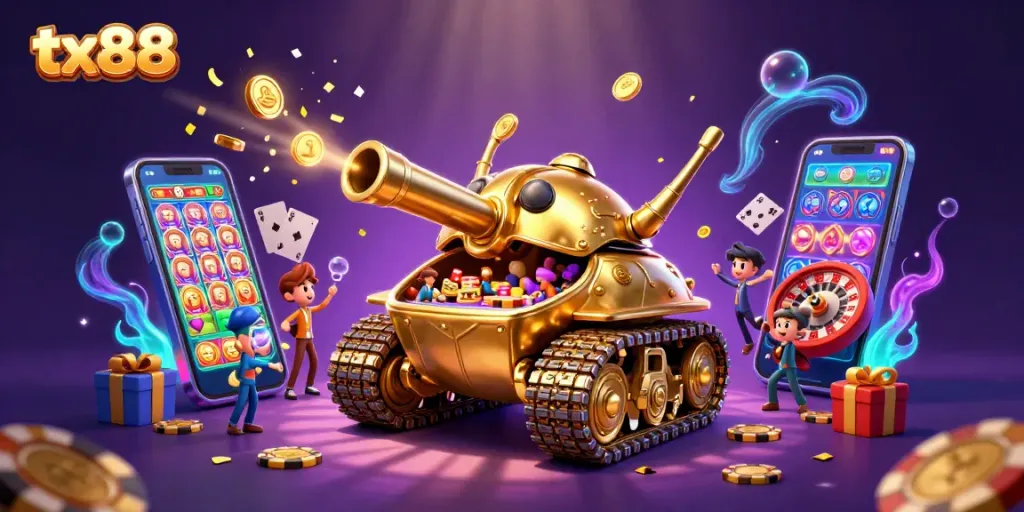 Play popular games at tx88 with a dynamic casino scene featuring a golden beetle tank bursting with excitement.