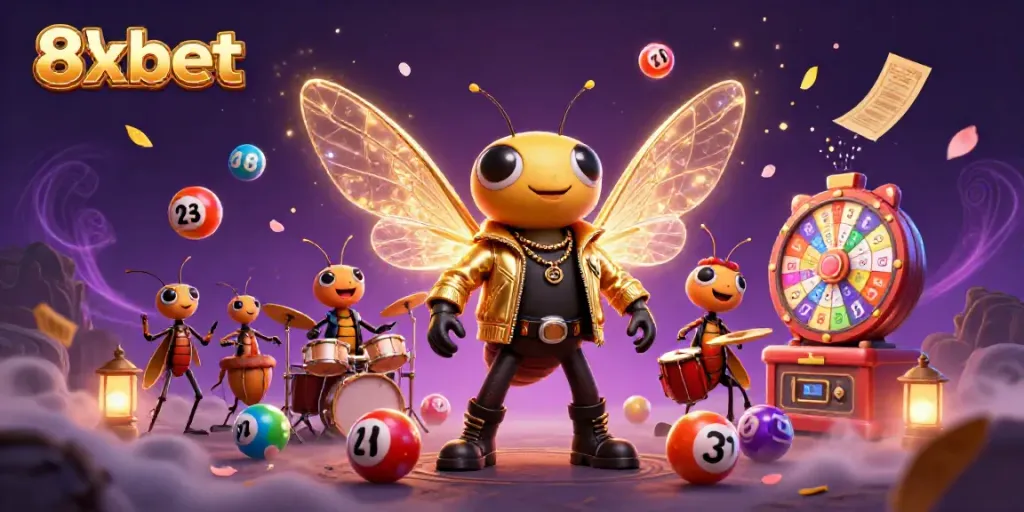 Engage with the dynamic energy of 8xbet through a vibrant, animated illustration showcasing casino elements and characters.