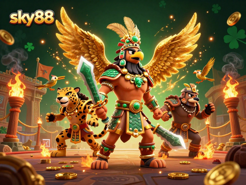 sky88 showcases an epic casino battle scene with Aztec warriors, gold coins, and vibrant game elements.