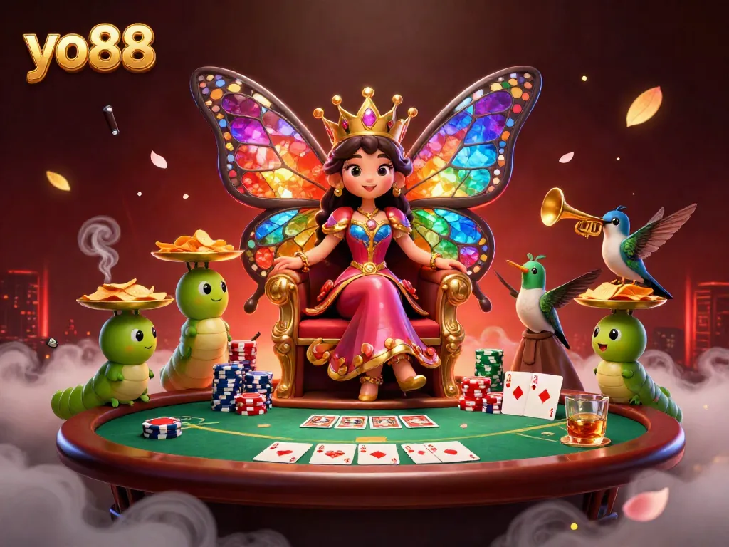 Engage with yo88, as the queen presides over a vibrant casino scene with stacks of poker chips and excited players.