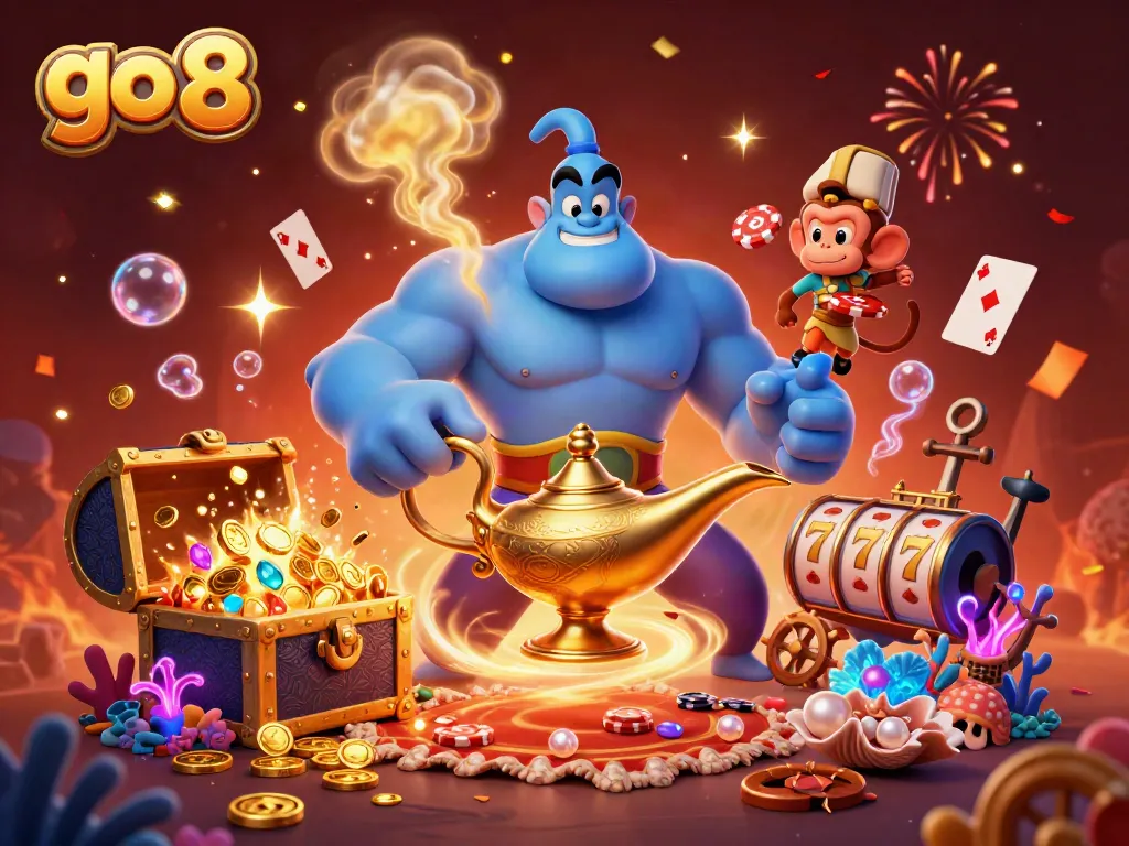 Engage in casino thrills with go 8 featuring a magical scene of a genie, poker chips, and celebratory elements.