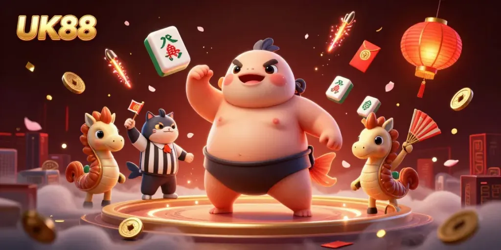 Experience thrilling action with UK88 in this vibrant underwater sumo scene featuring dynamic characters and casino elements.