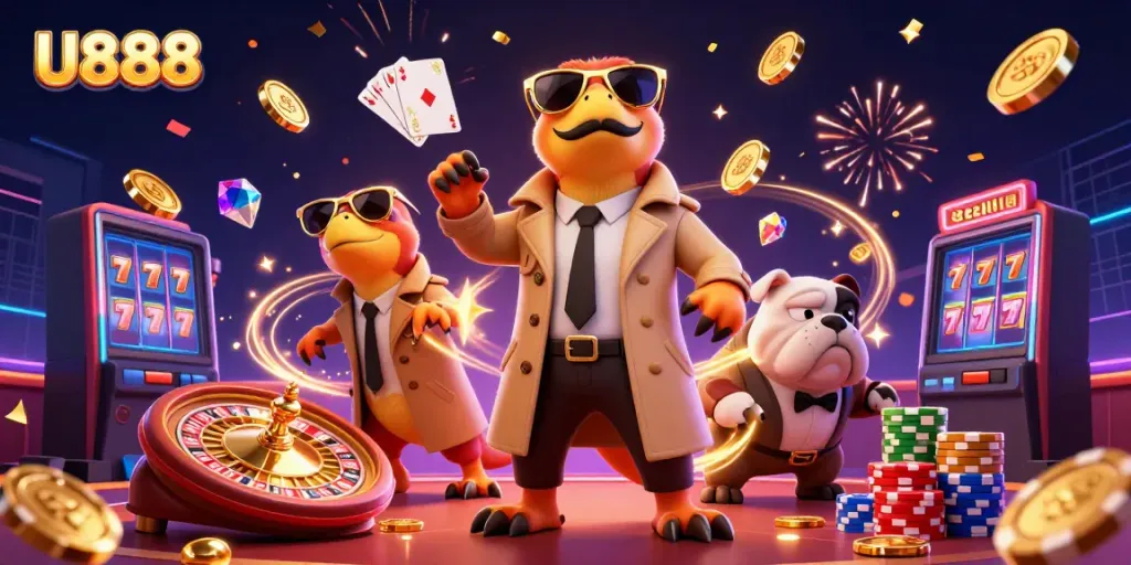 U888's thrilling VIP casino scene with raptors and a bulldog bouncer, capturing casino excitement.