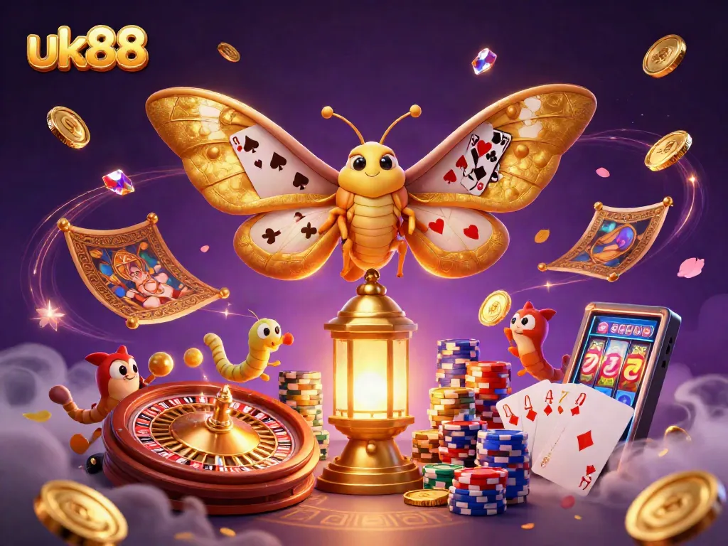 Play slot machines and win with uk88's vibrant casino scene featuring golden moths and chips.