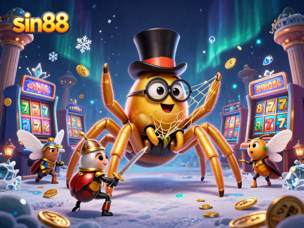 Spin to win at sin88 with golden tarantula and beetle knight in a vibrant casino scene.