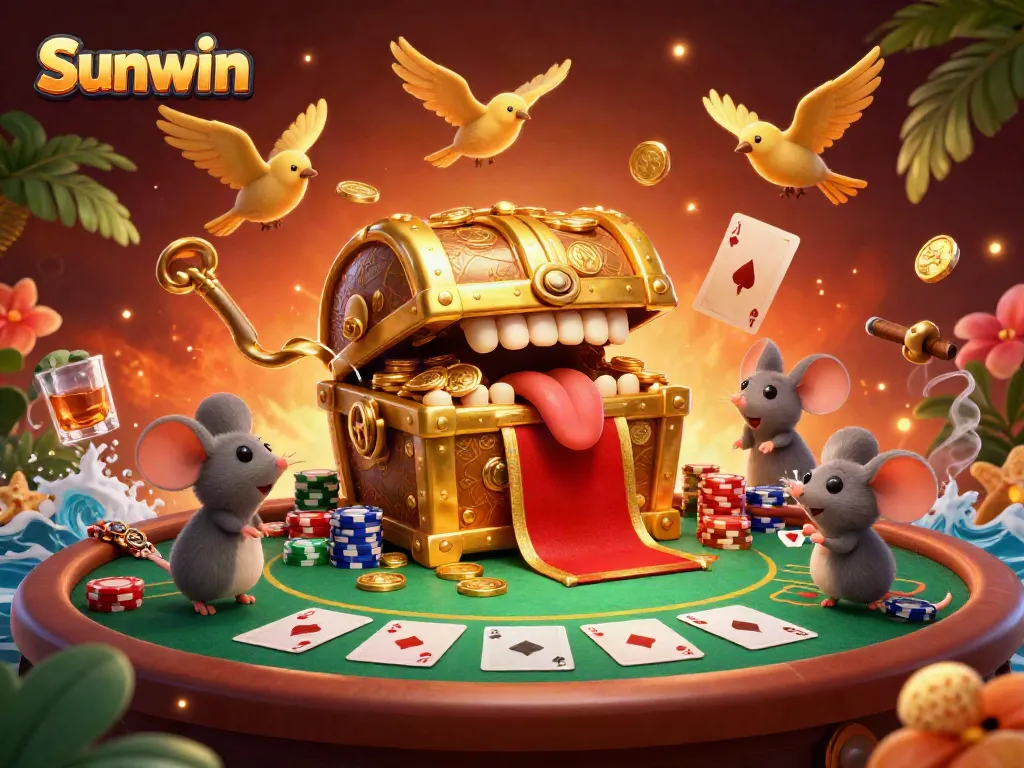 Engage in thrilling poker action at Sunwin with stacks of chips and winning hands in this vibrant 3D illustration.