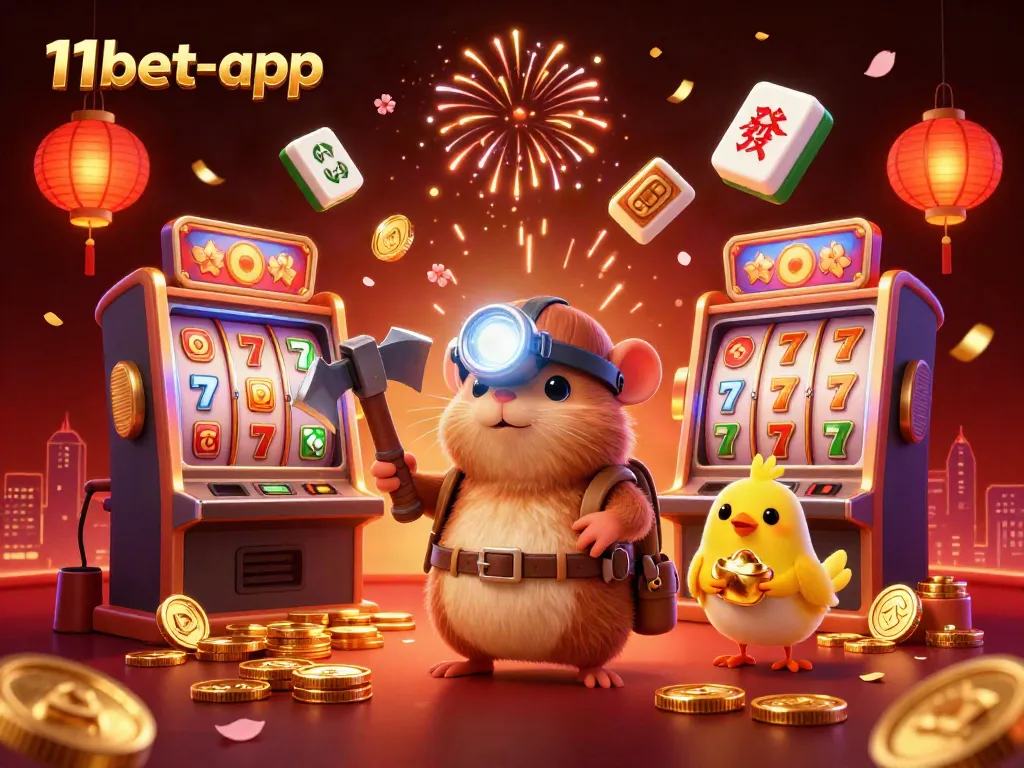 Engaging scene showcasing 11bet-app with a treasure hunter mole mining golden jackpots and slot machines.