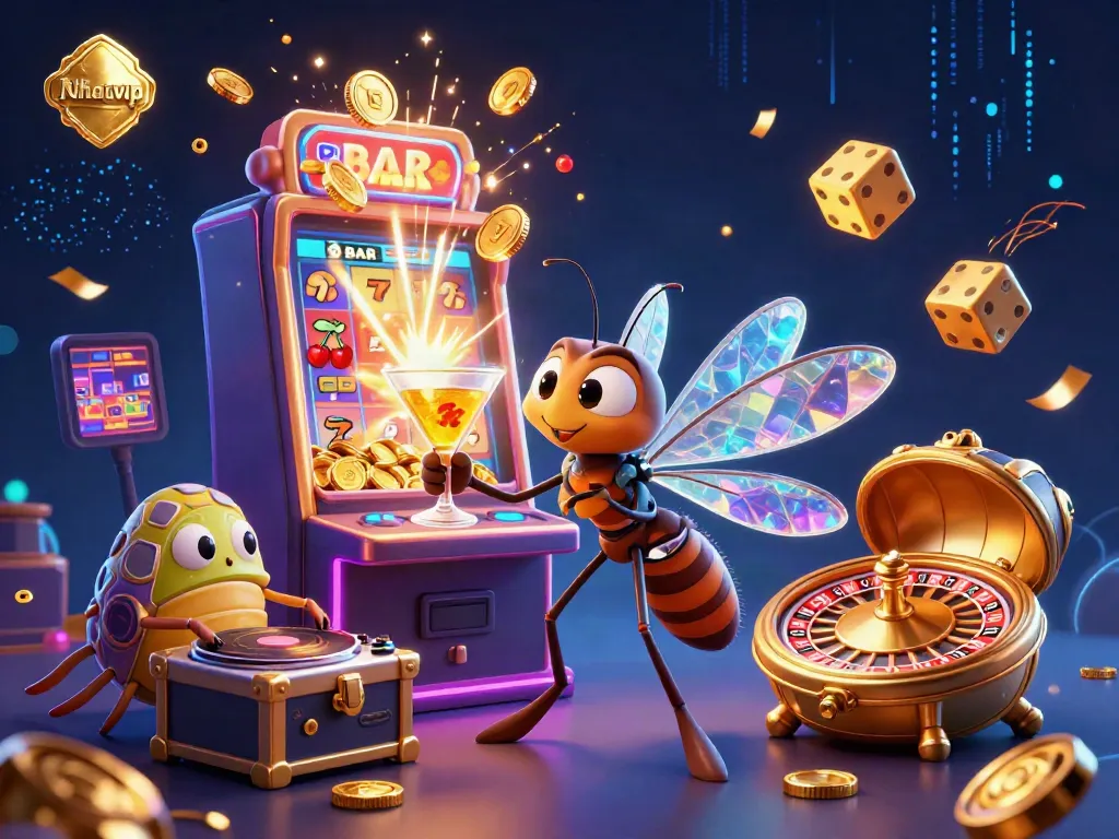 Nhatvip showcases a lively casino scene featuring a frozen-in-amber mosquito mascot with a golden cocktail and a trilobite DJ.