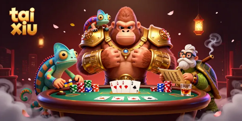 Engage in Tai Xiu gameplay with dynamic characters like a golden armored gorilla king and a chameleon companion.