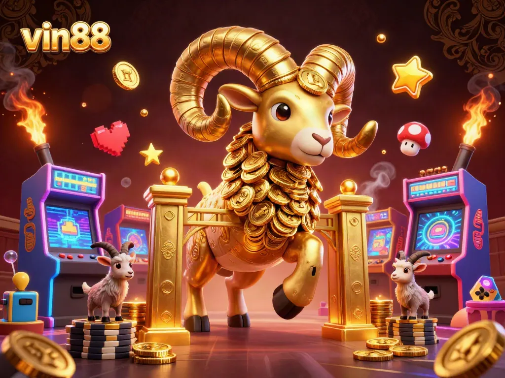 Experience exciting wins at vin88 with a dynamic scene of a golden ram charging through a casino setting.
