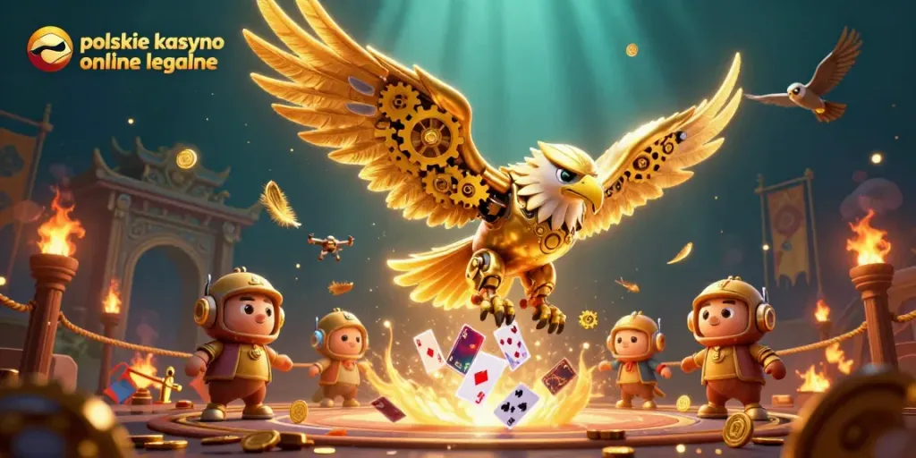 Experience the thrill of polskie kasyno online legalne with a vibrant 3D golden eagle diving through immersive digital cards.