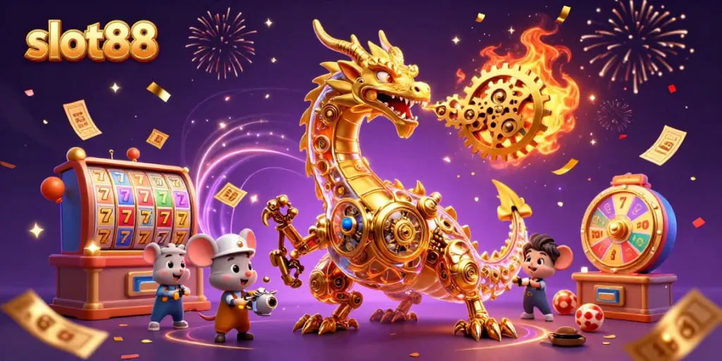 Experience the excitement of slot88 with vibrant scenes featuring slots, prizes, and winning strategies.