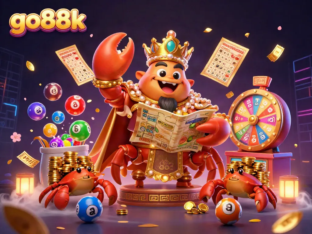 Engage in the world of go88k with colorful lottery balls, a golden crab emperor, and thrilling gaming elements.