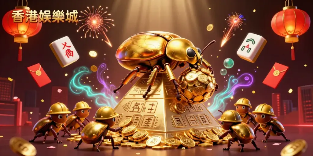 Experience the vibrant action at 香港娛樂城 with animated golden beetles symbolizing wealth and good fortune.