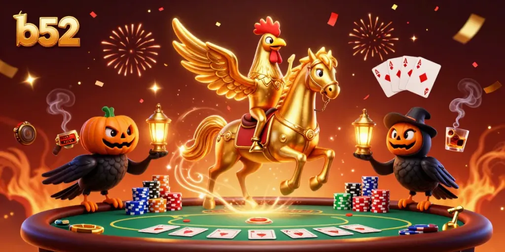 Experience thrilling gameplay at b52 with vibrant casino action, poker tables, and festive illustrations.