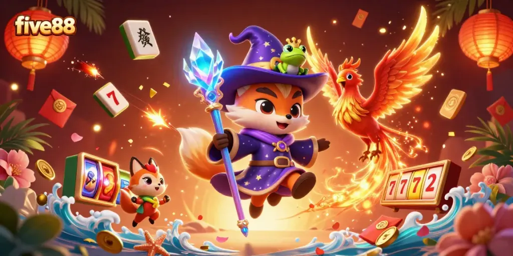 Experience five88's vibrant casino world with a magical wizard, phoenix, and enchanting game elements.