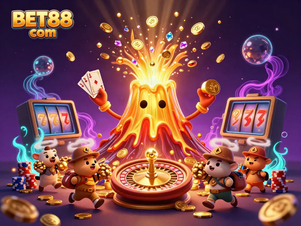 Experience winnings at BET88 com with a vibrant 3D casino scene bursting with treasures and gaming symbols.