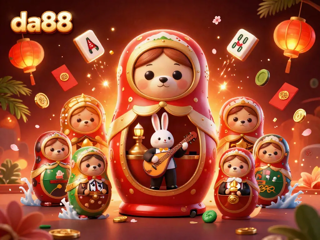 Engaging scene with da88's vibrant casino atmosphere featuring a Matryoshka bear revealing its casino dealer interiors.
