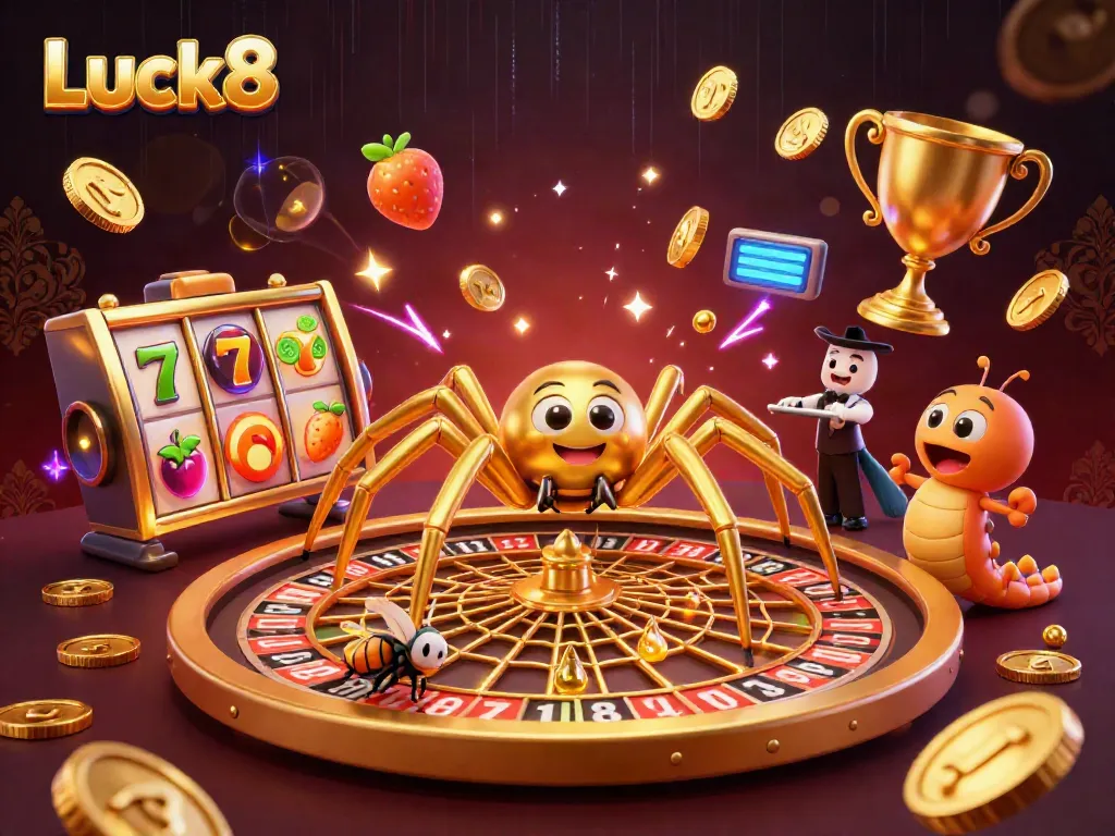 Engaging scene of Luck8 with a golden spider spinning a roulette wheel web, showcasing a dynamic casino atmosphere.
