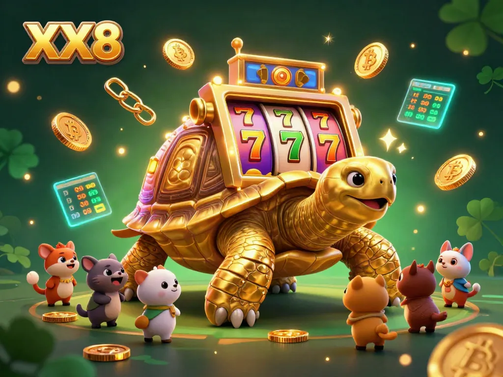Engage in thrilling slot action with the animated colossal golden tortoise and cryptocurrency elements in the XX8 casino.