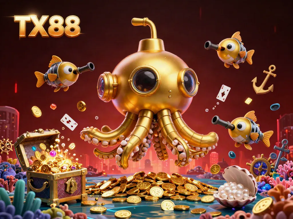 Engage with the thrilling world of TX 88 as a golden kraken submarine and mechanical fish explore a sea of treasures.